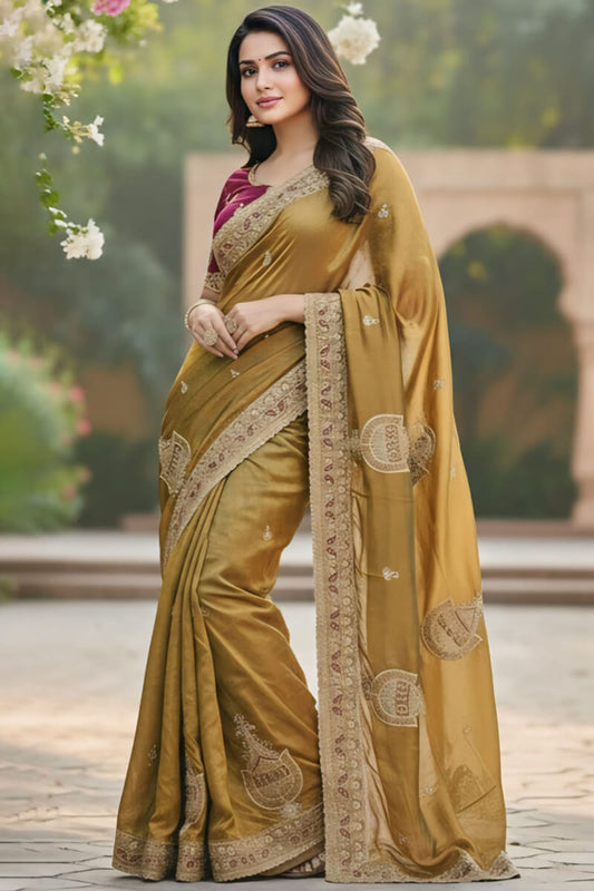 Resonant Mustard Embroidery Work Chiffon Silk Saree With Phenomenal Full Stitched Blouse