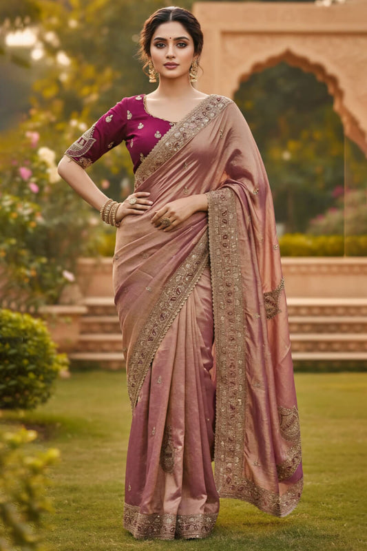 Designer Pink Embroidery Work Chiffon Silk Saree With Glittering Full Stitched Blouse