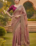 Designer Pink Embroidery Work Chiffon Silk Saree With Glittering Full Stitched Blouse