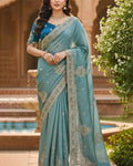 Enigmatic Sky Embroidery Work Chiffon Silk Saree With Elaborate Full Stitched Blouse
