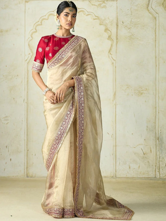 Seraglio Beige Embroidery Work Tweel Net Silk Saree With Divine Blouse Piece
