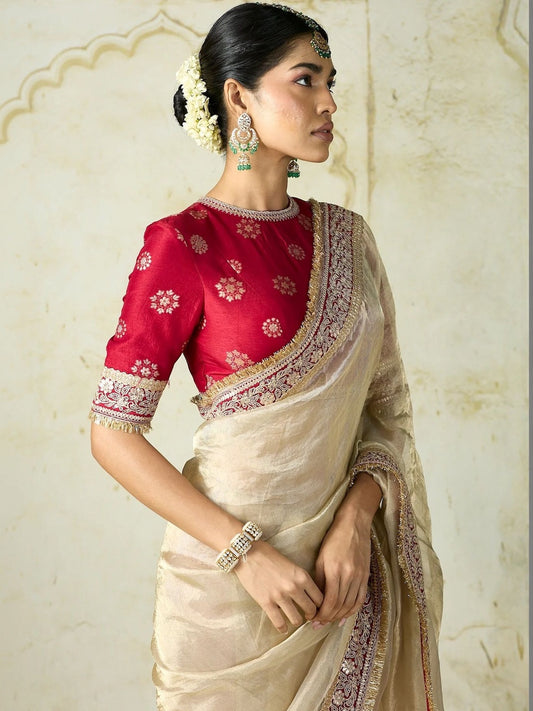 Seraglio Beige Embroidery Work Tweel Net Silk Saree With Divine Blouse Piece