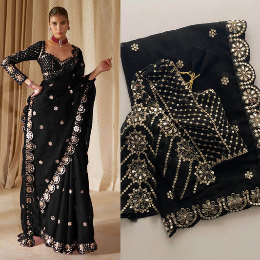 Tremendous Black Embroidery Work Soft Georgette Silk Saree With Charismatic Full Stitched Blouse