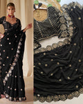 Tremendous Black Embroidery Work Soft Georgette Silk Saree With Charismatic Full Stitched Blouse