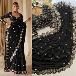 Tremendous Black Embroidery Work Soft Georgette Silk Saree With Charismatic Full Stitched Blouse