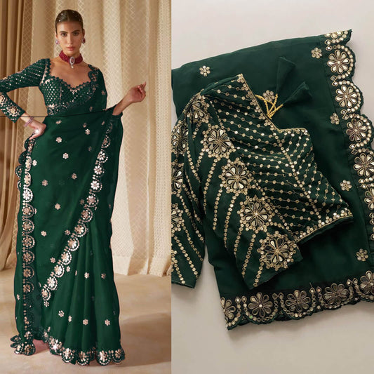 Entrancing Dark Green Embroidery Work Soft Georgette Silk Saree With Serendipity Full Stitched Blouse