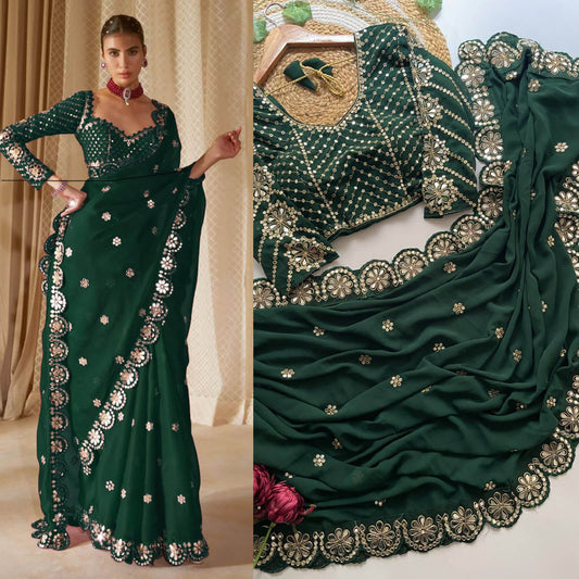 Entrancing Dark Green Embroidery Work Soft Georgette Silk Saree With Serendipity Full Stitched Blouse