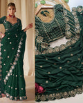Entrancing Dark Green Embroidery Work Soft Georgette Silk Saree With Serendipity Full Stitched Blouse