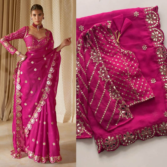 Ailurophile Dark Pink Embroidery Work Soft Georgette Silk Saree With Allure Full Stitched Blouse