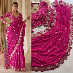 Ailurophile Dark Pink Embroidery Work Soft Georgette Silk Saree With Allure Full Stitched Blouse