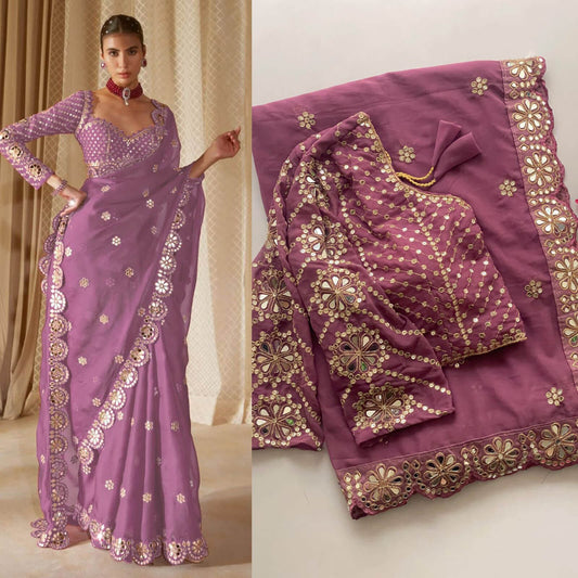Traditional Lavender Embroidery Work Soft Georgette Silk Saree With Desultory Full Stitched Blouse