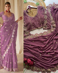 Traditional Lavender Embroidery Work Soft Georgette Silk Saree With Desultory Full Stitched Blouse