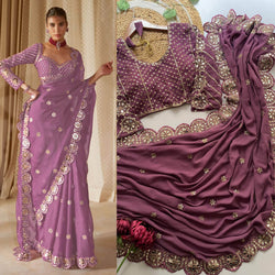 Traditional Lavender Embroidery Work Soft Georgette Silk Saree With Desultory Full Stitched Blouse