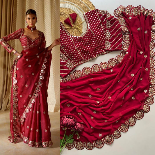 Groovy Maroon Embroidery Work Soft Georgette Silk Saree With Mesmeric Full Stitched Blouse