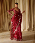 Groovy Maroon Embroidery Work Soft Georgette Silk Saree With Mesmeric Full Stitched Blouse