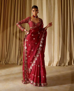 Groovy Maroon Embroidery Work Soft Georgette Silk Saree With Mesmeric Full Stitched Blouse
