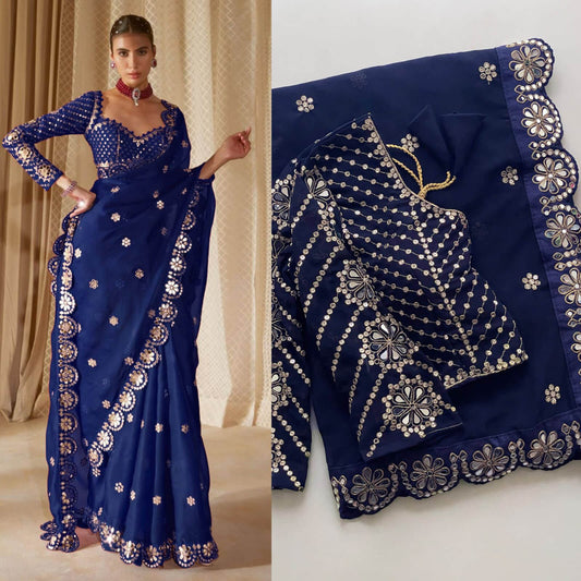 Bucolic Navy Blue Embroidery Work Soft Georgette Silk Saree With Incredible Full Stitched Blouse