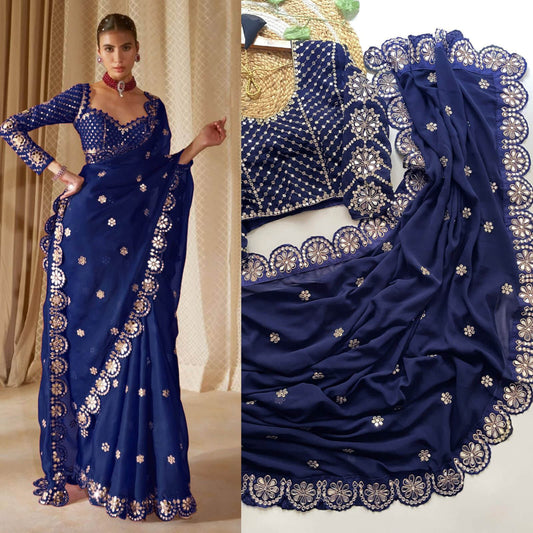 Bucolic Navy Blue Embroidery Work Soft Georgette Silk Saree With Incredible Full Stitched Blouse