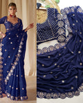 Bucolic Navy Blue Embroidery Work Soft Georgette Silk Saree With Incredible Full Stitched Blouse