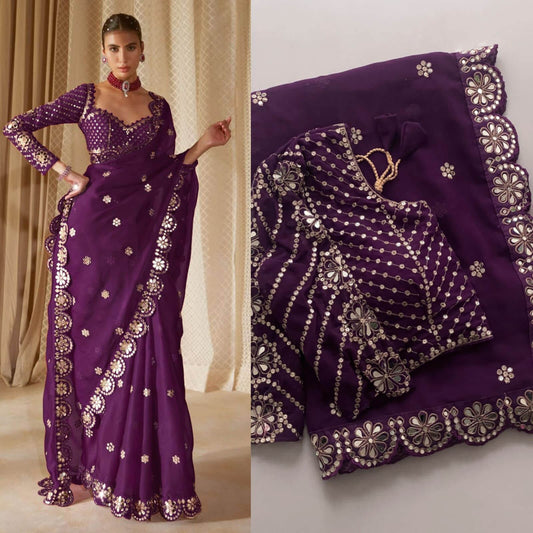Luminous Purple Embroidery Work Soft Georgette Silk Saree With Exuberant Full Stitched Blouse