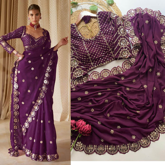 Luminous Purple Embroidery Work Soft Georgette Silk Saree With Exuberant Full Stitched Blouse