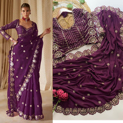 Luminous Purple Embroidery Work Soft Georgette Silk Saree With Exuberant Full Stitched Blouse