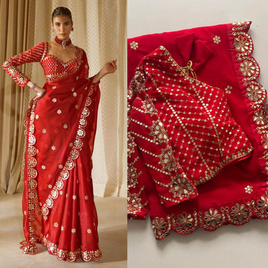 Dalliance Red Embroidery Work Soft Georgette Silk Saree With Diaphanous Full Stitched Blouse