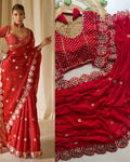 Dalliance Red Embroidery Work Soft Georgette Silk Saree With Diaphanous Full Stitched Blouse