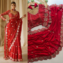 Dalliance Red Embroidery Work Soft Georgette Silk Saree With Diaphanous Full Stitched Blouse