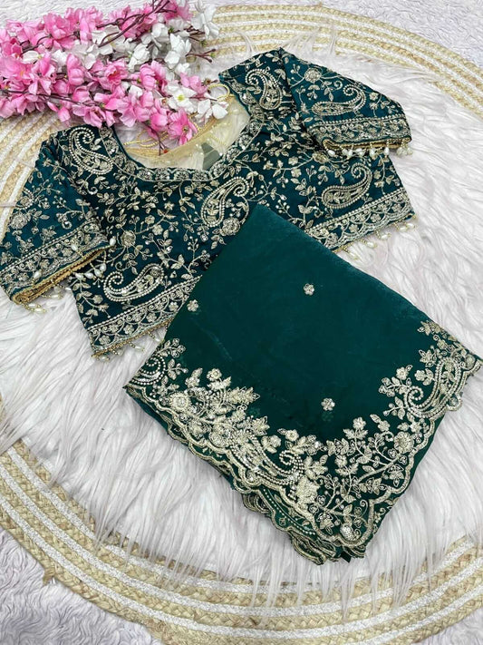Exquisite Dark Green Embroidery Work Fancy Silk Saree With Rhapsodic Full Stitched Blouse