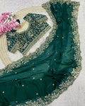 Exquisite Dark Green Embroidery Work Fancy Silk Saree With Rhapsodic Full Stitched Blouse