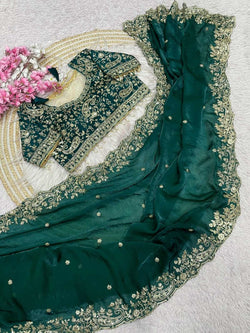 Exquisite Dark Green Embroidery Work Fancy Silk Saree With Rhapsodic Full Stitched Blouse
