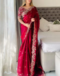 Arresting Dark Pink Embroidery Work Fancy Silk Saree With Ratatouille Full Stitched Blouse