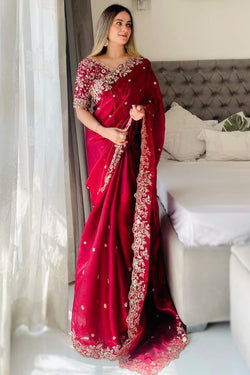Arresting Dark Pink Embroidery Work Fancy Silk Saree With Ratatouille Full Stitched Blouse