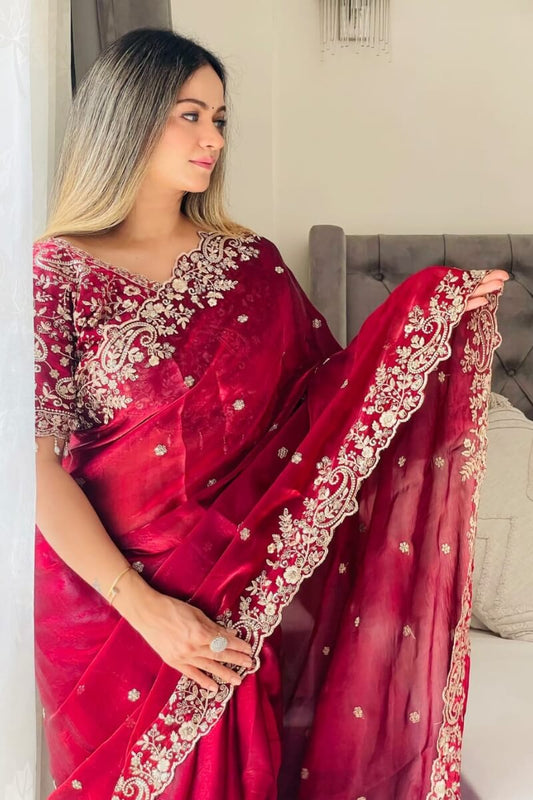 Arresting Dark Pink Embroidery Work Fancy Silk Saree With Ratatouille Full Stitched Blouse