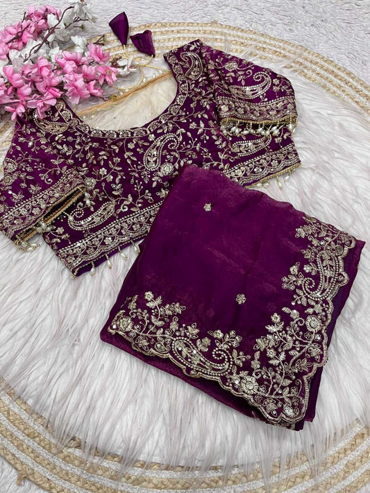 Beauteous Purple Embroidery Work Fancy Silk Saree With Nebula Full Stitched Blouse
