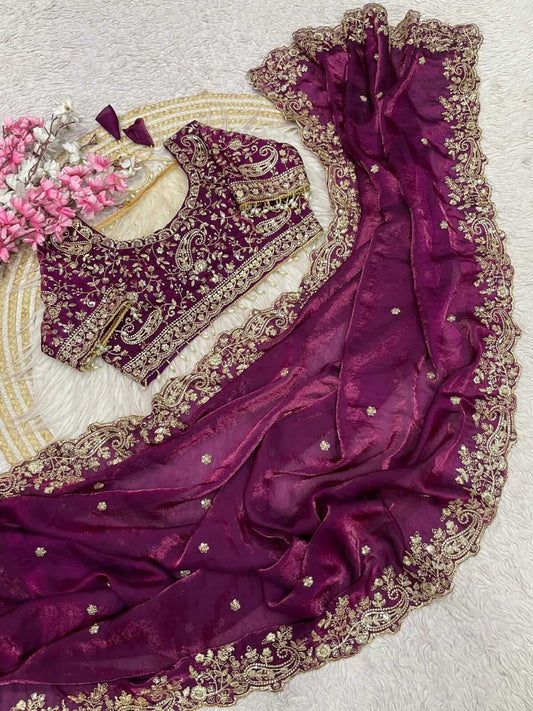 Beauteous Purple Embroidery Work Fancy Silk Saree With Nebula Full Stitched Blouse