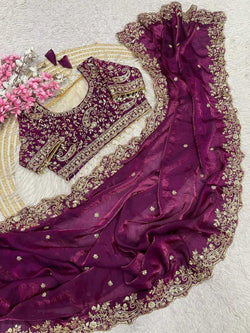 Beauteous Purple Embroidery Work Fancy Silk Saree With Nebula Full Stitched Blouse