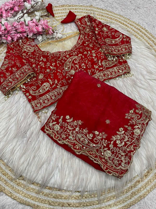Nemesis Red Embroidery Work Fancy Silk Saree With Engrossing Full Stitched Blouse