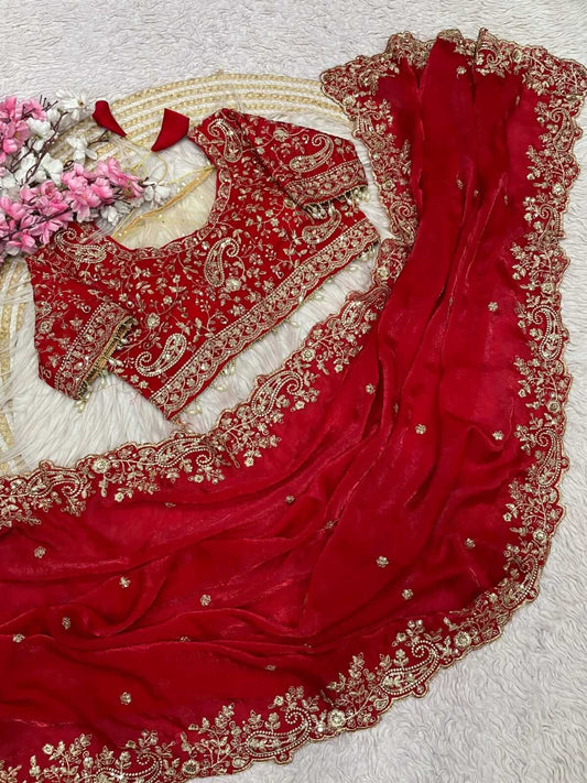 Nemesis Red Embroidery Work Fancy Silk Saree With Engrossing Full Stitched Blouse