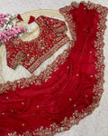 Nemesis Red Embroidery Work Fancy Silk Saree With Engrossing Full Stitched Blouse