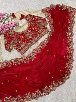 Nemesis Red Embroidery Work Fancy Silk Saree With Engrossing Full Stitched Blouse