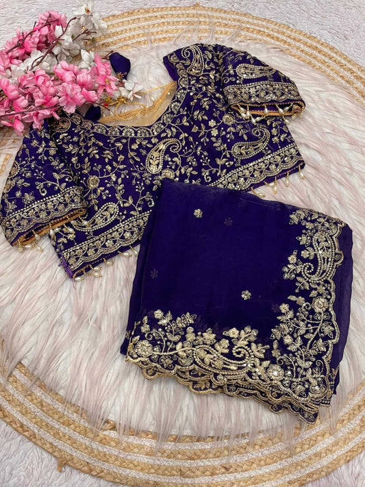Panache Royal Blue Embroidery Work Fancy Silk Saree With Captivating Full Stitched Blouse