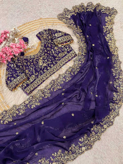Panache Royal Blue Embroidery Work Fancy Silk Saree With Captivating Full Stitched Blouse
