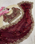 Elegant Wine Embroidery Work Fancy Silk Saree With Comely Full Stitched Blouse