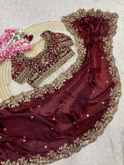Elegant Wine Embroidery Work Fancy Silk Saree With Comely Full Stitched Blouse