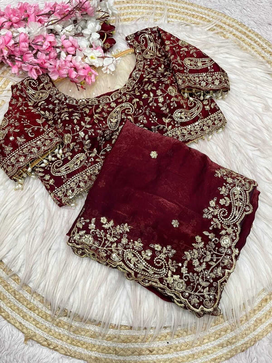 Elegant Wine Embroidery Work Fancy Silk Saree With Comely Full Stitched Blouse
