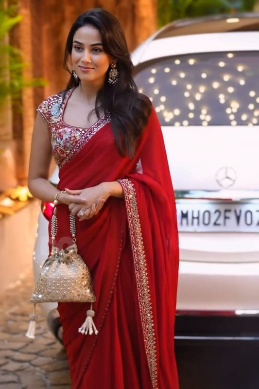 Panoply Red Rangoli Silk Saree With Unequalled Blouse Piece