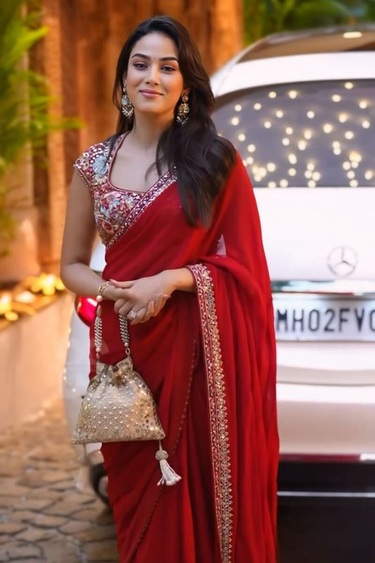 Panoply Red Rangoli Silk Saree With Unequalled Blouse Piece