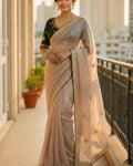 Splendorous Beige Embroidery Work Jimmy Choo Silk Saree With Lagniappe Full Stitched Blouse